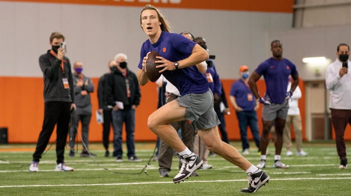 Feb 12, 2021; Clemson, SC, USA; Clemson Tigers quarterback Trevor Lawrence works out during Pro Day in Clemson, South Carolina.